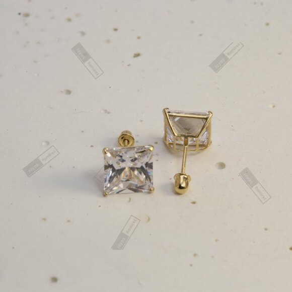 14K Solid Gold Earrings · Clear Square-Cut Cubic Zirconia · 8 mm. - Picture 3 of 6